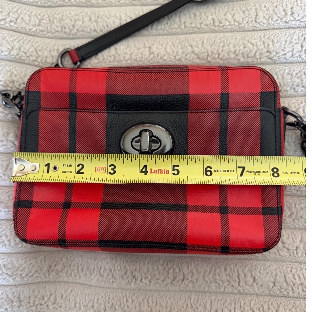 Coach Buffalo Plaid Red Black Leather Crossbody Camera Bag Gunmetal Hardware - Picture 11 of 13
